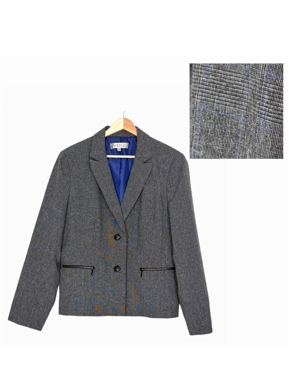 Kasper Women’s  Gray Blue Plaid Blazer 2 Button Front Zipper Pockets Size 14